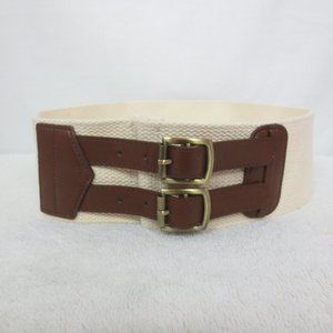 New Private Label Belt Wide Woven Cream Brown Faux Leather Double Strap Size 6